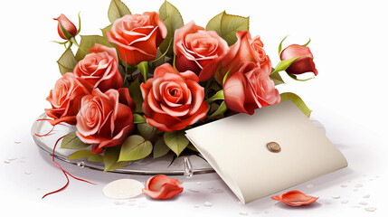 Affectionate Love Letter and Delicate Rose Bouquet on a Pristine White Background