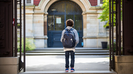 Schoolboy eagerly dashes towards the school, his backpack bouncing in stride. - obrazy, fototapety, plakaty