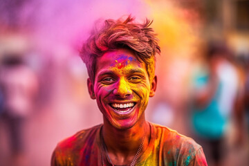 Portrait of young man in colorful powder on indian street, Holi festival