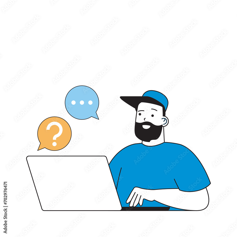 Poster delivery concept with cartoon people in flat design for web. man works in client support of logistic