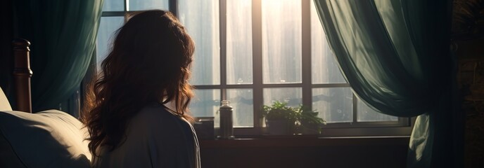 Young trapped depressed woman looking out a of a sun lit window in a warm room. Waiting for someone. Mental Health concept