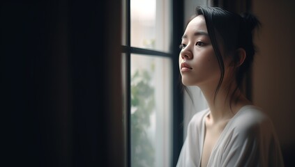 Young depressed Young Asian woman looking out a of a sun lit window in a warm room. Waiting for someone. Mental Health concept