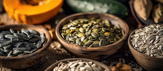 Various seeds from India, like sunflower, pumpkin, melon, and cucumber, packed with nutrients when deshelled, are beneficial for health. - obrazy, fototapety, plakaty