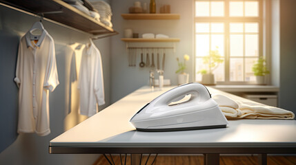 steam electric iron on board in laundry room - obrazy, fototapety, plakaty