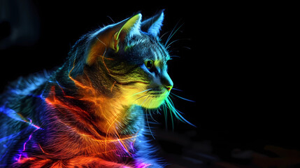 Cat Animal Plexus Neon Black Background Digital Desktop Wallpaper HD 4k Network Light Glowing Laser Motion Bright Abstract	
