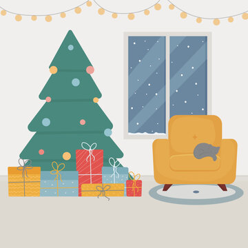 cozy christmas room interior, comfortable sofa, christmas tree, gifts, presents, cat, carpet, new year decoration, vector flat style illustration