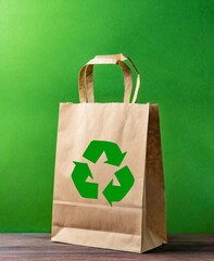 Recyclable paper bag isolated on green background
