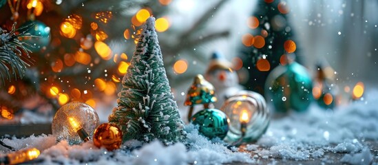 Multiple New Year decorations are spread on the snowy ground by a glassy green Christmas tree and a gnome snowman.