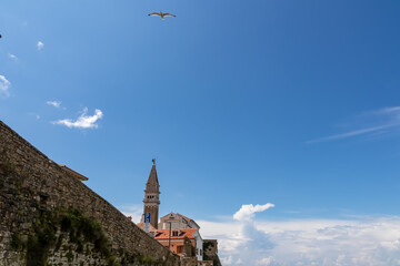 Panoramic view of church Duomo di San Giorgio in coastal town Piran, Slovenian Istria, Slovenia,...