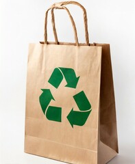 Paper bag with a recycle symbol on it on white background with copy space. Eco recycling concept.