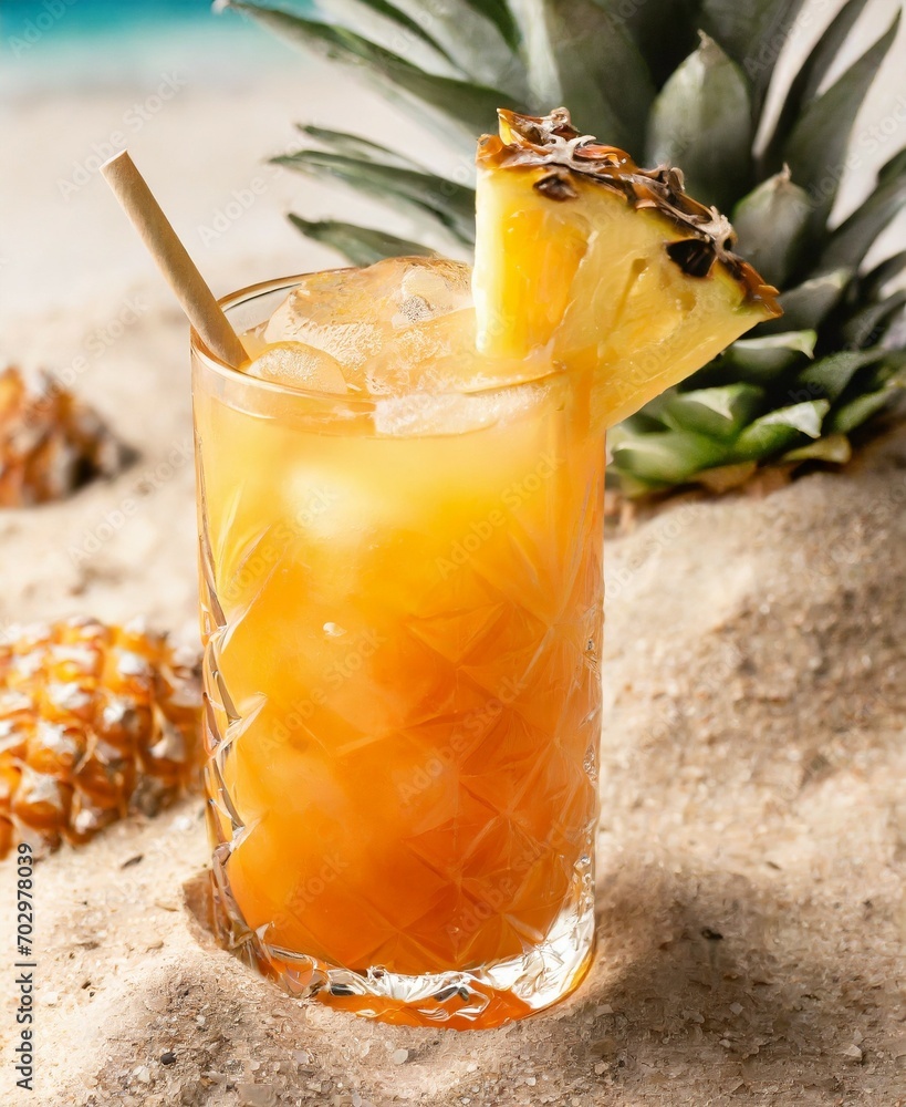 Wall mural Pineapple juice on the beach, paradise summer vacation concept.