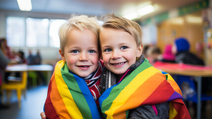 Two little boys wrapped in the rainbow flag of gays and lbgt to advocate tolerance and inclusion at school - obrazy, fototapety, plakaty