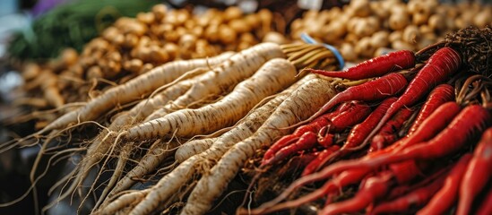 Red ginseng aids immune function and combats fatigue and weakness. - obrazy, fototapety, plakaty