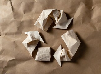 Recycle symbol made of crumpled paper on green background. Eco recycling concept.
