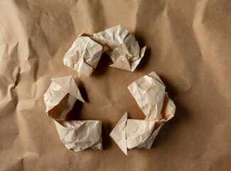 Recycle symbol made of crumpled paper on green background. Eco recycling concept.