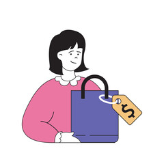 Shopping concept with cartoon people in flat design for web. Woman making purchases and paying with bargain prices using coupons . Vector illustration for social media banner, marketing material.