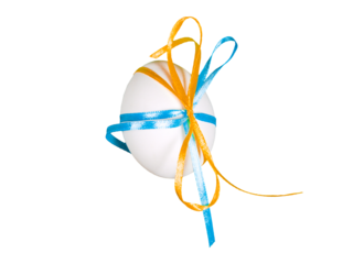  Easter egg with blue and yellow ribbons isolated background. Minimal easter style design concept Happy Easter. Spring holiday