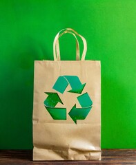 Paper bag with a recycle symbol on it on green background with copy space. Eco recycling concept.