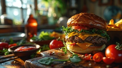 burger with tomateoes lettuce and pickles on a wooden plate  - obrazy, fototapety, plakaty