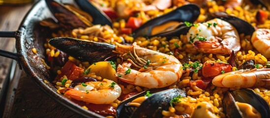 Delicious seafood and chicken paella in the Spanish style.