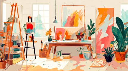 Artistic studio with various crafts and bright paint splashes.