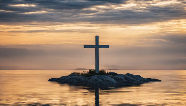 The holy cross of Jesus Christ reflected in the calm waterside gives a comfortable and stable feeling as a meditation image, and the sky is good for writing space.