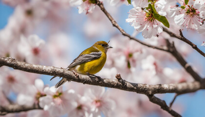 A majestic bird enjoying cherry blossoms and birdsong on a beautiful day.