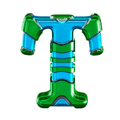 Blue symbol with green horizontal thin straps. letter t