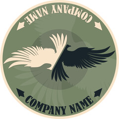 Raven bird, eagle spread its wings on green background. Vector illustration, emblem logo