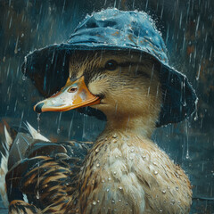 Fantasy duck wearing a blue hat in a rainy day.