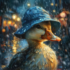 A cute duck wearing a blue hat in a rainy night. Illustration, Created with generative ai technology