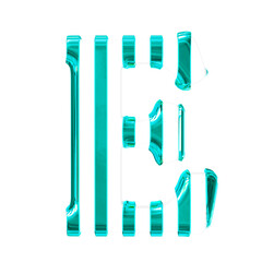 White symbol with thin turquoise vertical straps. letter e