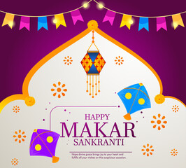 Creative Happy Makar Sankranti Festival Background Decorated with Kites, string for festival of India - 702980624