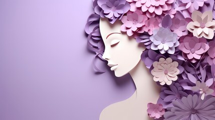 Paper art of beautiful woman face with purple flowers, International Woman's day background
