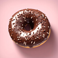 chocolate donuts on pastel pink table top view. Sweet shop background.