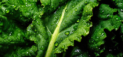 Fresh kale green leaves, with water drops over it, closeup macro detail. Generative AI