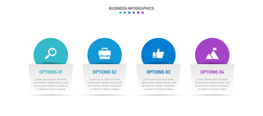 Timeline infographic with infochart. Modern presentation template with 4 spets for business process. Website template on white background for concept modern design. Horizontal layout.