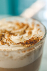 Latte on the table in a cozy cafe, food photo
