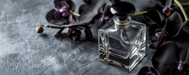 Perfume bottle with black orchids on a dark surface