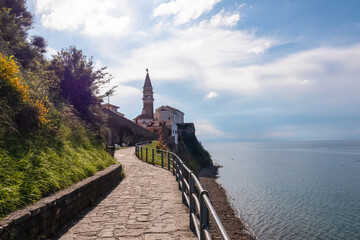 Scenic walking path between Fiesa and charming coastal town of Piran, Slovenian Istria, Slovenia,...