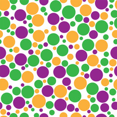 Colorful confetti seamless pattern. Mardi gras carnival vector background. Green, yellow and purple polka dots.