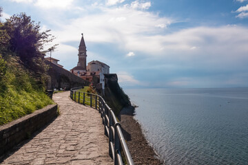 Scenic walking path between Fiesa and charming coastal town of Piran, Slovenian Istria, Slovenia,...