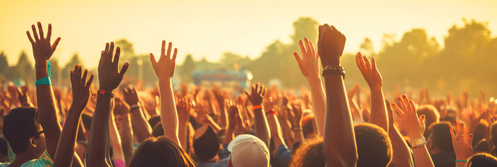 A diverse audience raising their hands and dancing at an outdoor music festival.