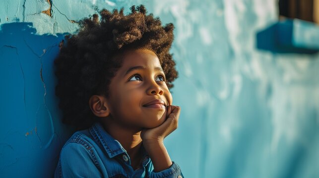Young Boy with Curly Hair Dreamily Gazing Upwards