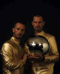 two men with disco ball.Minimal fashion and party  concept.Copy space.Generative Ai
