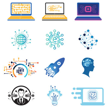 set of technology vector icons for logo elements, technology, tech, screen, intel, chip, motherboard, function, location, ai, artificial intelligence, cybersecurity, techie, techno, engineer