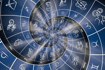 Blue astrological background. Concept of horoscope, mystery, magic, astrological sign.