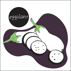 Two whole eggplants and slices of round vegetables are sliced in a doodle style.