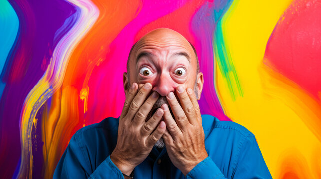 A man holding a hand over his mouth, eyes squinting, against a vibrant colorful background.