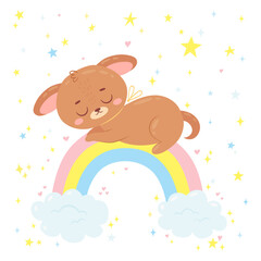 Cute puppy sleeping on the rainbow. Pretty animal character in a cartoon hand-drawn style with stars, hearts, clouds. Can be used for t-shirt print, nursery decorations, baby shower card, birthday